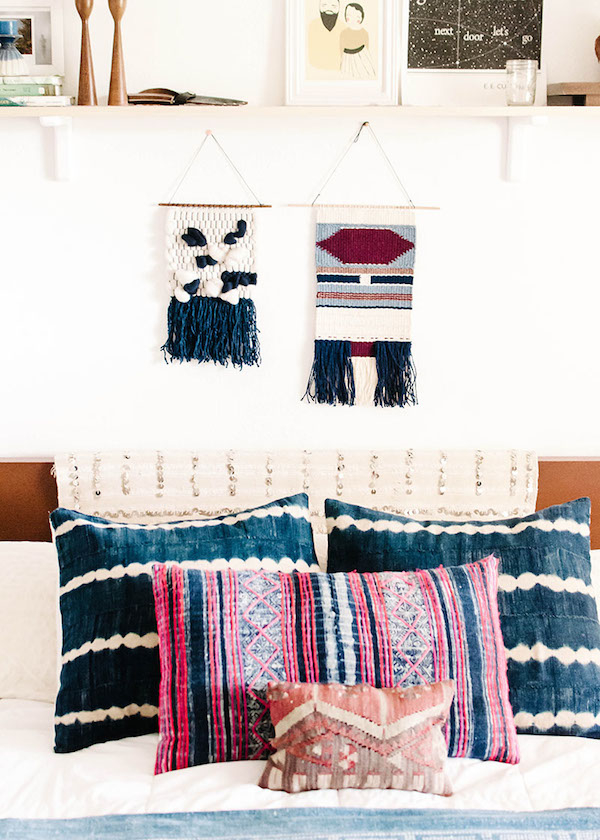Bedroom with indigo shibori cushions
