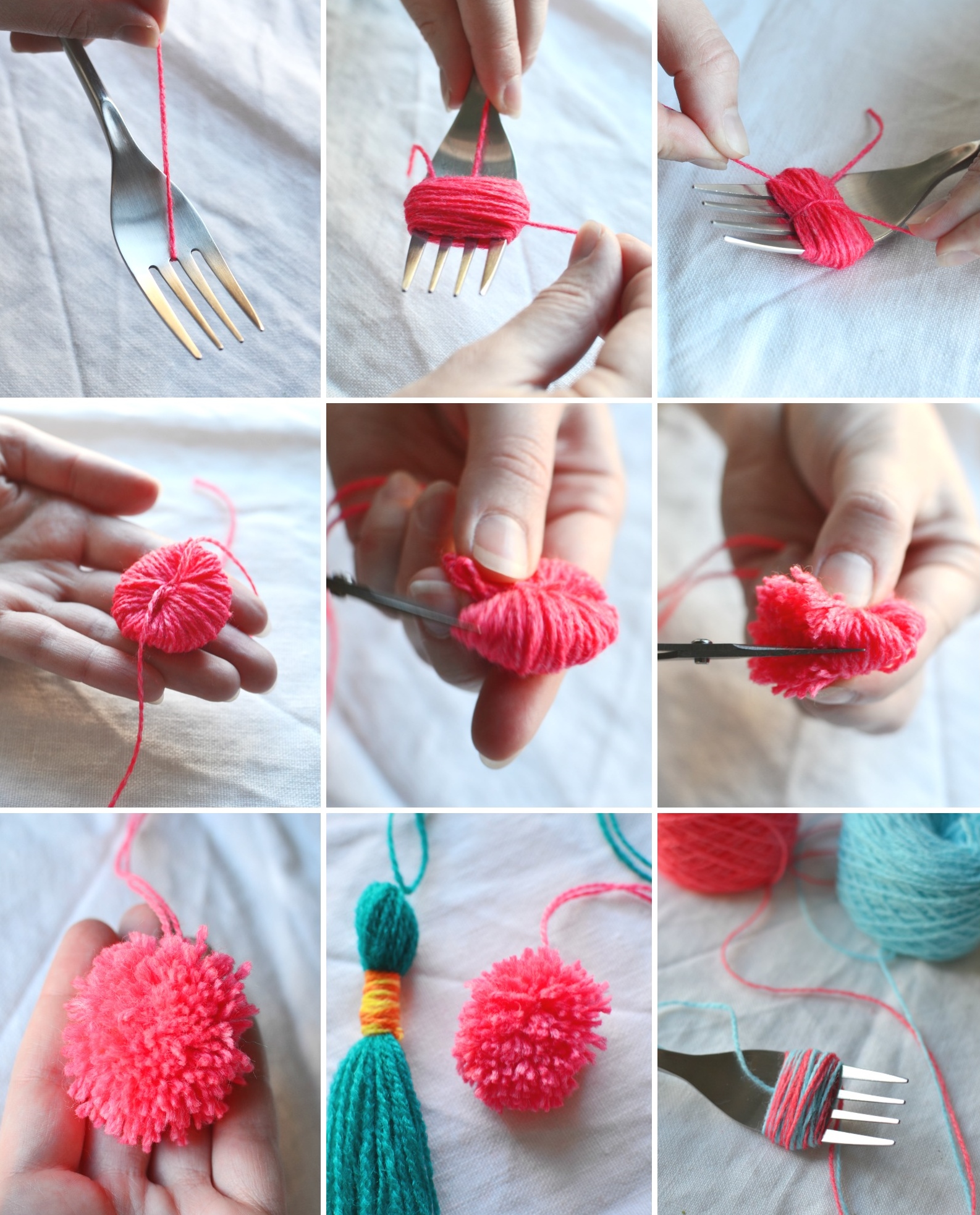 How to make a mini pom pom using a fork step by step
