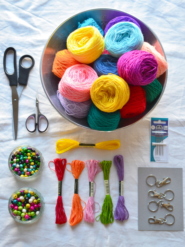 Materials you will need for making a tassel pom pom bag charm - resized