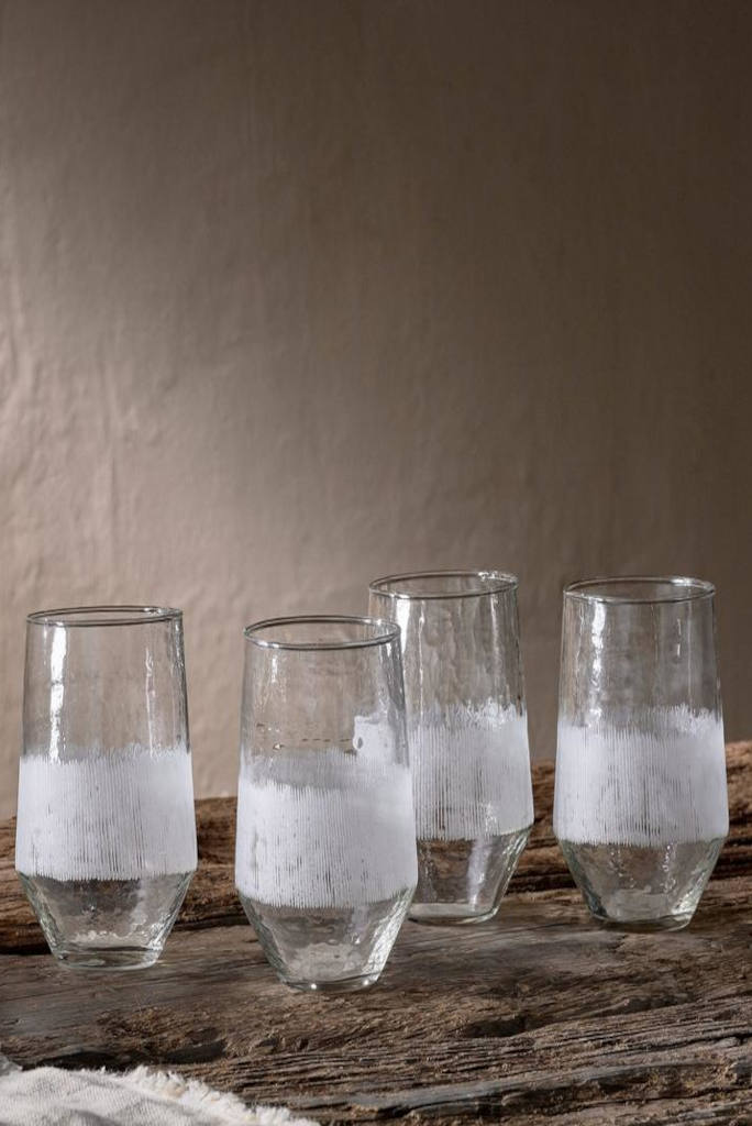 White Etched Clear Tumbler: Large Set of 4