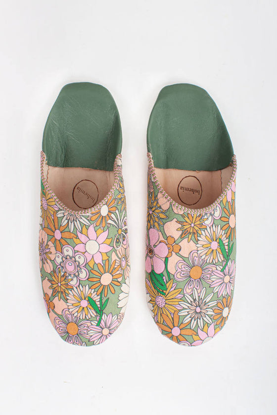 Ladies Margot Babouche Leather Slippers: Olive Floral