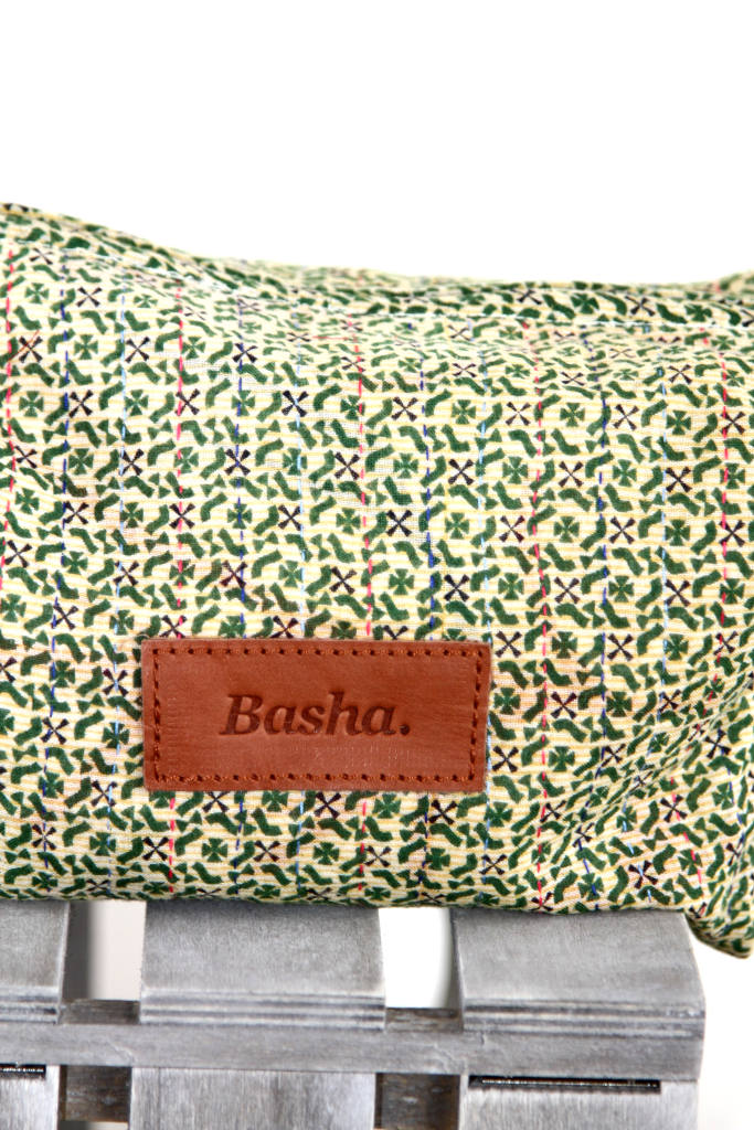 Kantha Cosmetics Bag with Leather Strap: Green Collection