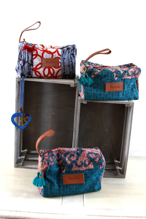 Kantha Cosmetics Bag with Leather Strap: Blue Collection