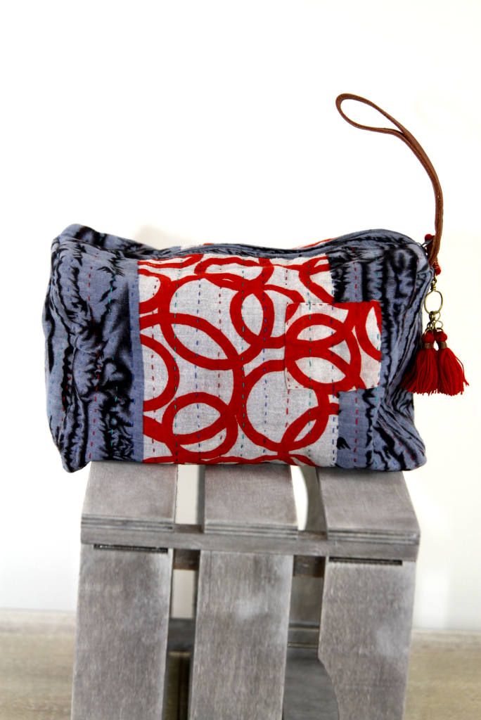 Kantha Cosmetics Bag with Leather Strap: Blue Collection
