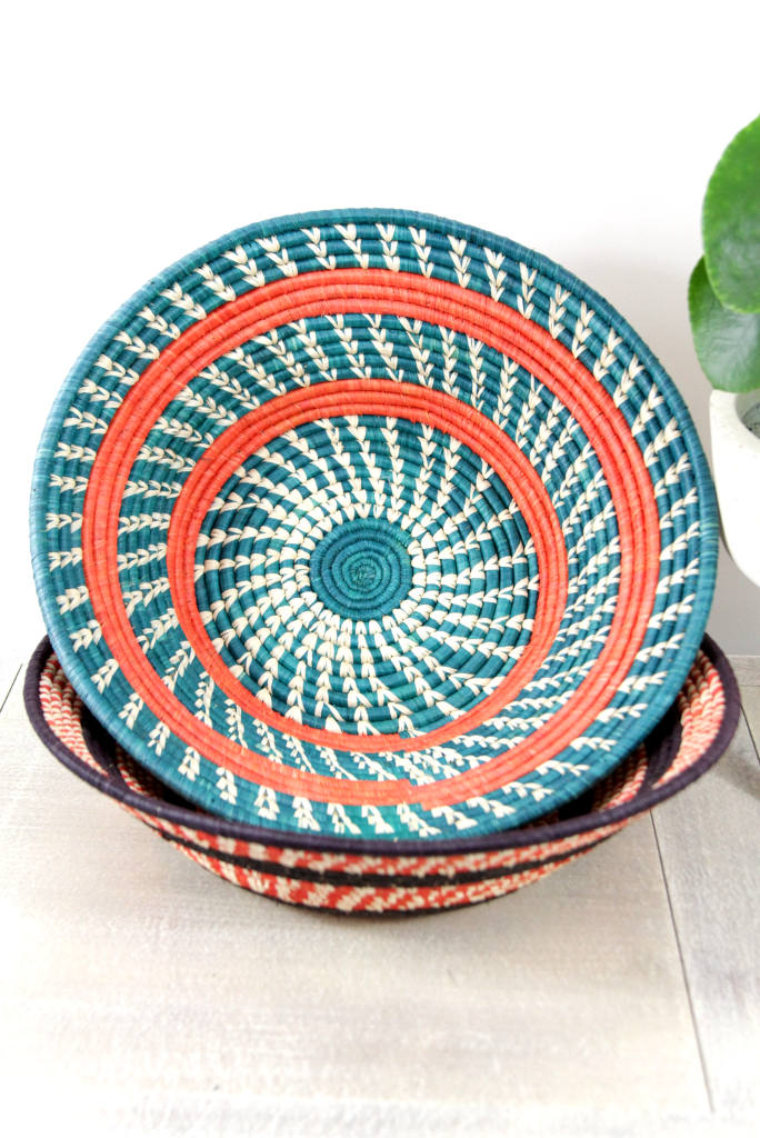 African Woven Decorative Basket/Bowl: Green-Orange
