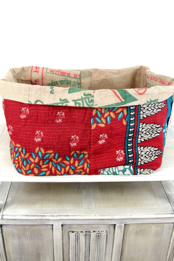 Kantha Burlap Basket: Extra Large/ Burgundy-Turquoise