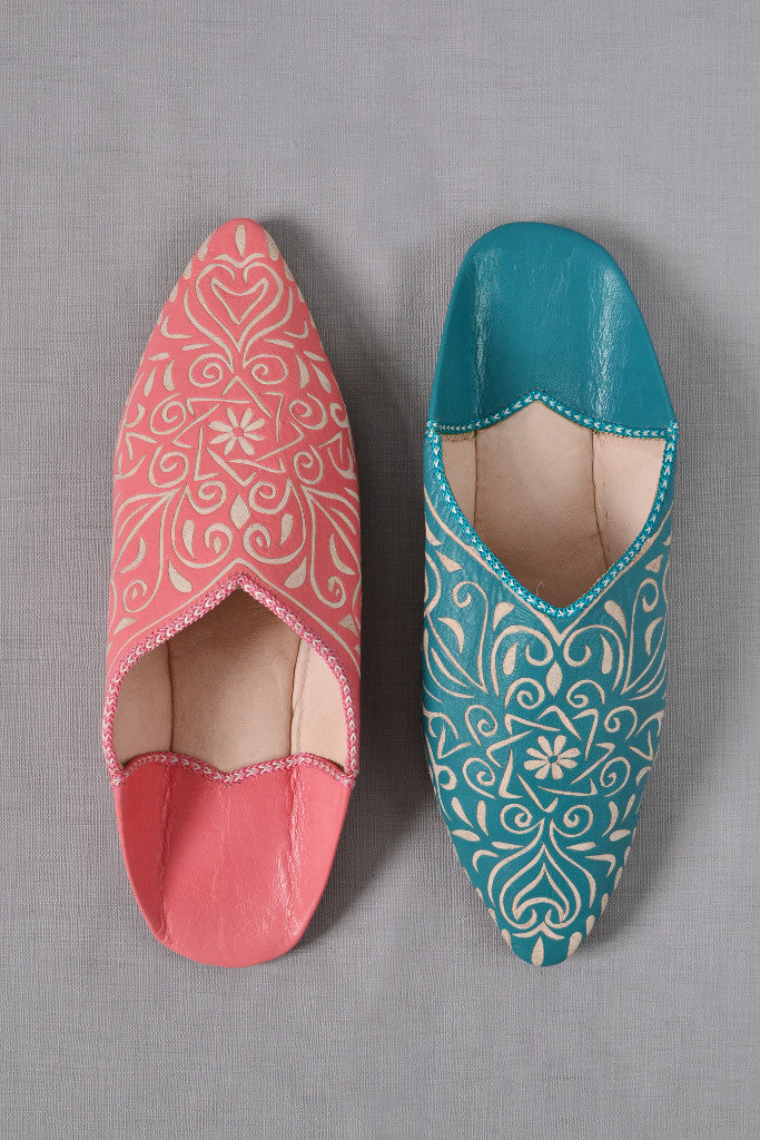 - Ladies Moroccan leather slippers: Teal - Slippers - Decorator's Notebook