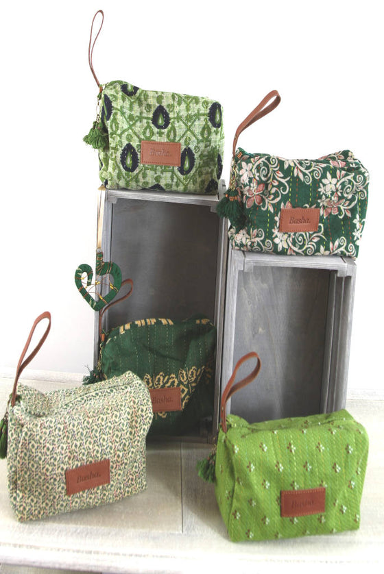Kantha Cosmetics Bag with Leather Strap: Green Collection