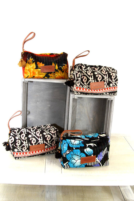 Kantha Cosmetics Bag with Leather Strap: Black Collection