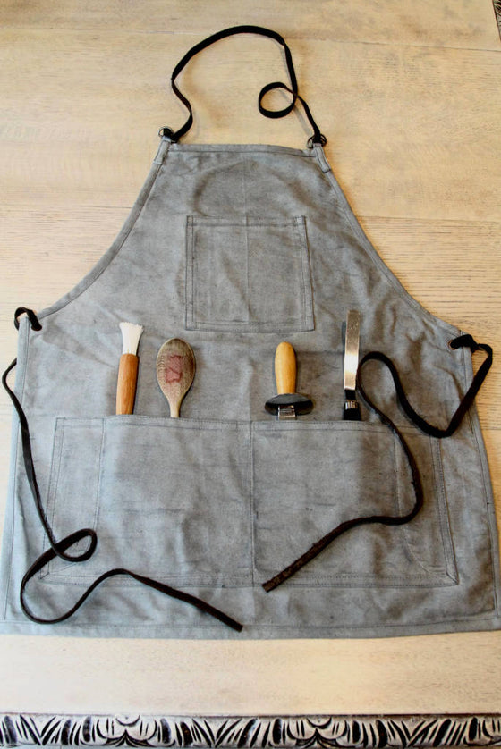 Recycled Artisan Canvas Apron: Washed Blue & Brown Leather