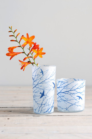 Cyanotype vase: swifts